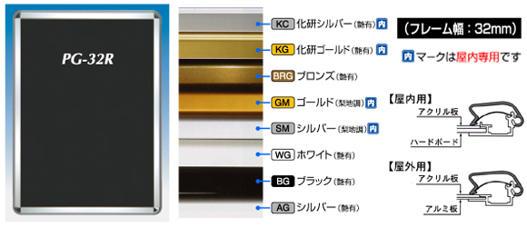 ポスターグリップ　PG-32R　フレーム幅32ミリタイプ　4辺開閉式で簡単にポスターを交換する事ができます。