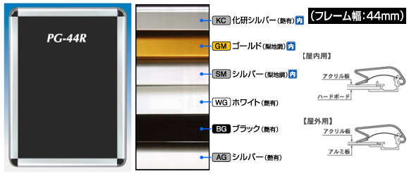 ポスターグリップ　PG-44R　フレーム幅44ミリタイプ　4辺開閉式で簡単にポスターを交換する事ができます。